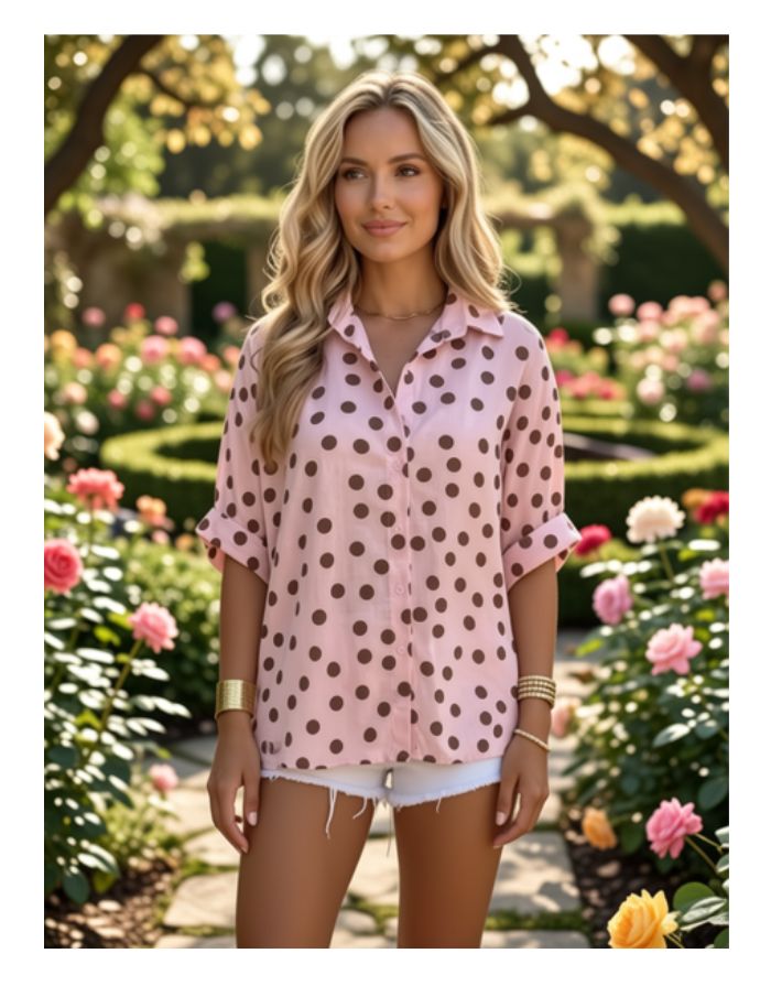 Rosafarbene Bluse von Estée Brown mit braunem Punktemuster, weiter Passform und 3/4-Ärmeln.