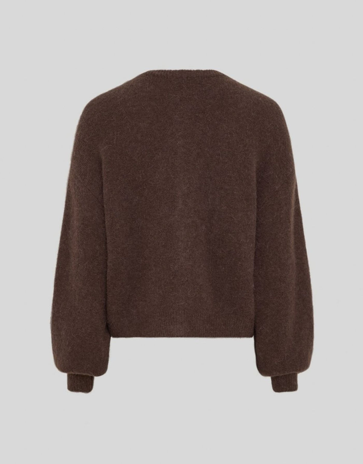 Brauner Cardigan Bondie Hope von MSCH Copenhagen in Hot Fudge mit Rundhalsausschnitt, Knopfleiste und langen Ballonärmeln.