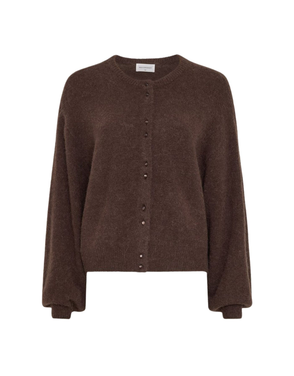 Brauner Cardigan Bondie Hope von MSCH Copenhagen in Hot Fudge mit Rundhalsausschnitt, Knopfleiste und langen Ballonärmeln.