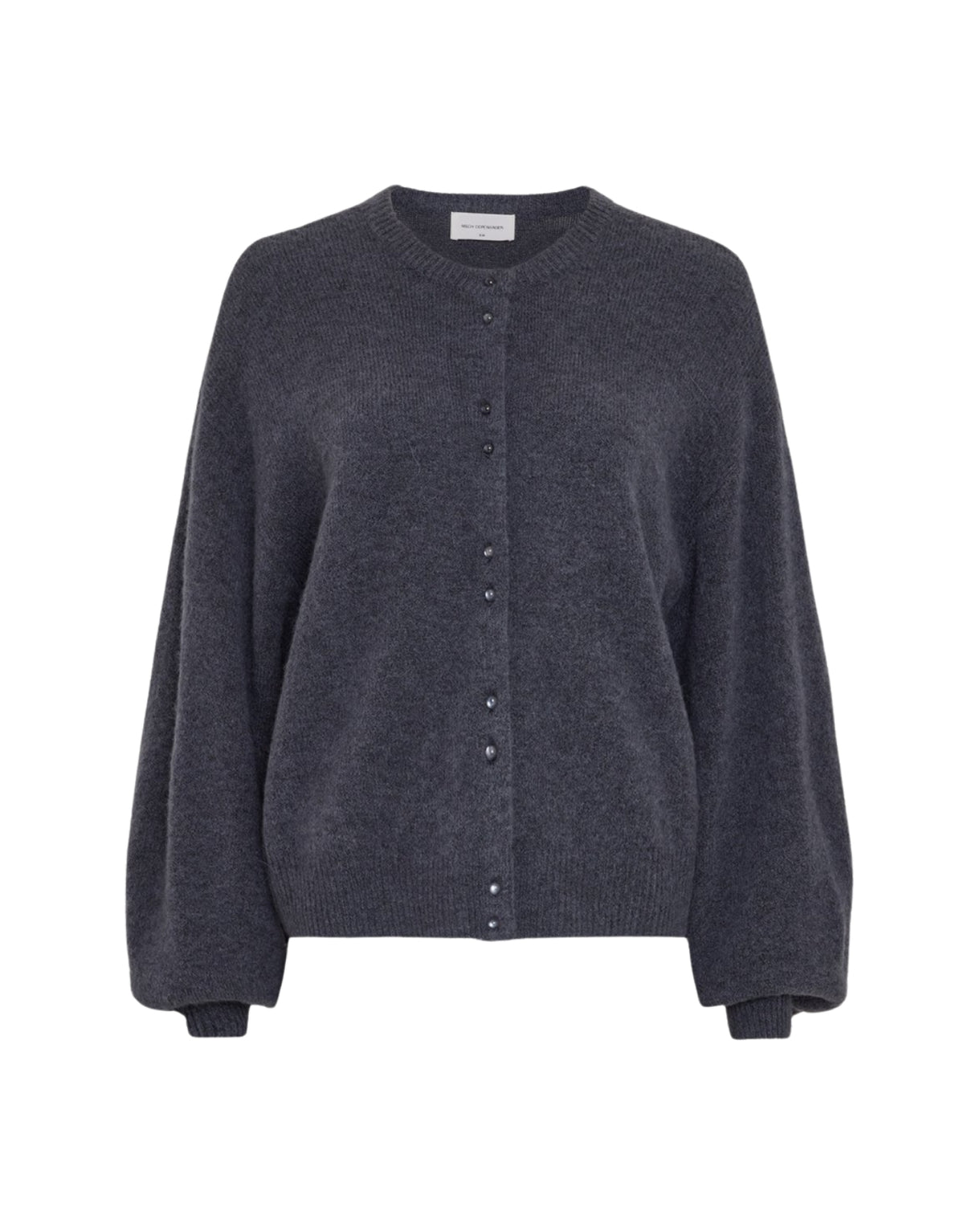 Blauer MSCHBondie Hope Cardigan von MSCH Copenhagen aus weichem Wollmix mit Rundhalsausschnitt, Knopfleiste und langen Ballonärmeln.