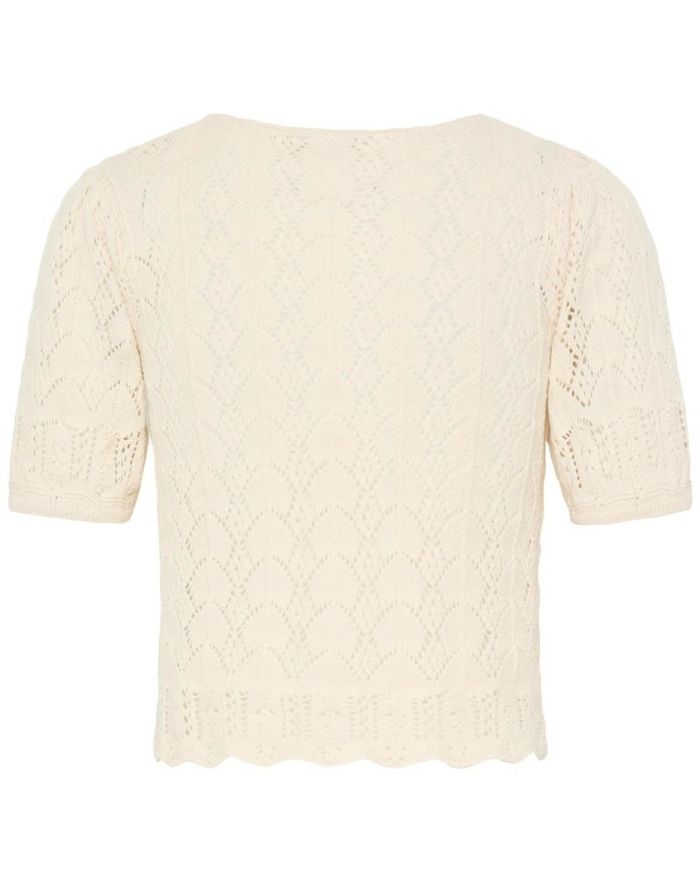 ICHI Cardigan Ihdaffie Birch White aus Baumwolle mit Lochstrick, Knopfleiste und gewelltem Saum.