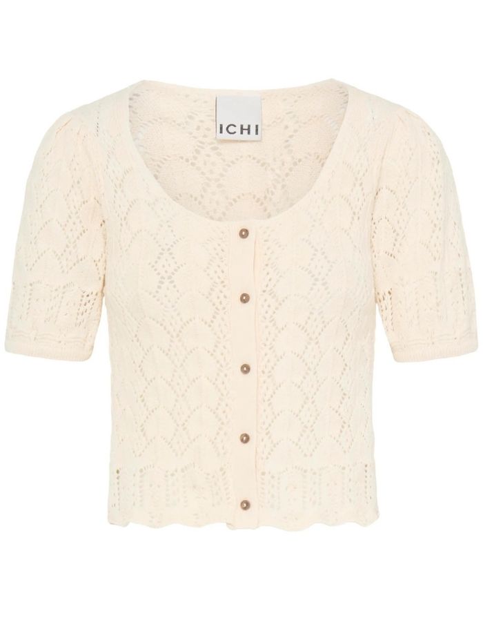 ICHI Cardigan Ihdaffie Birch White aus Baumwolle mit Lochstrick, Knopfleiste und gewelltem Saum.