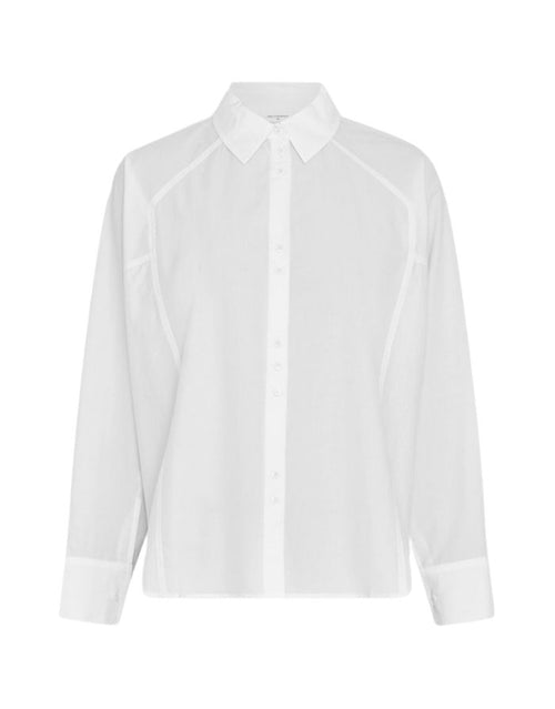 Weiße Bluse Susana Selmina von MSCH Copenhagen in Bright White mit Hemdkragen, langen Ärmeln, Knopfleiste und Kontrastpaspeln.