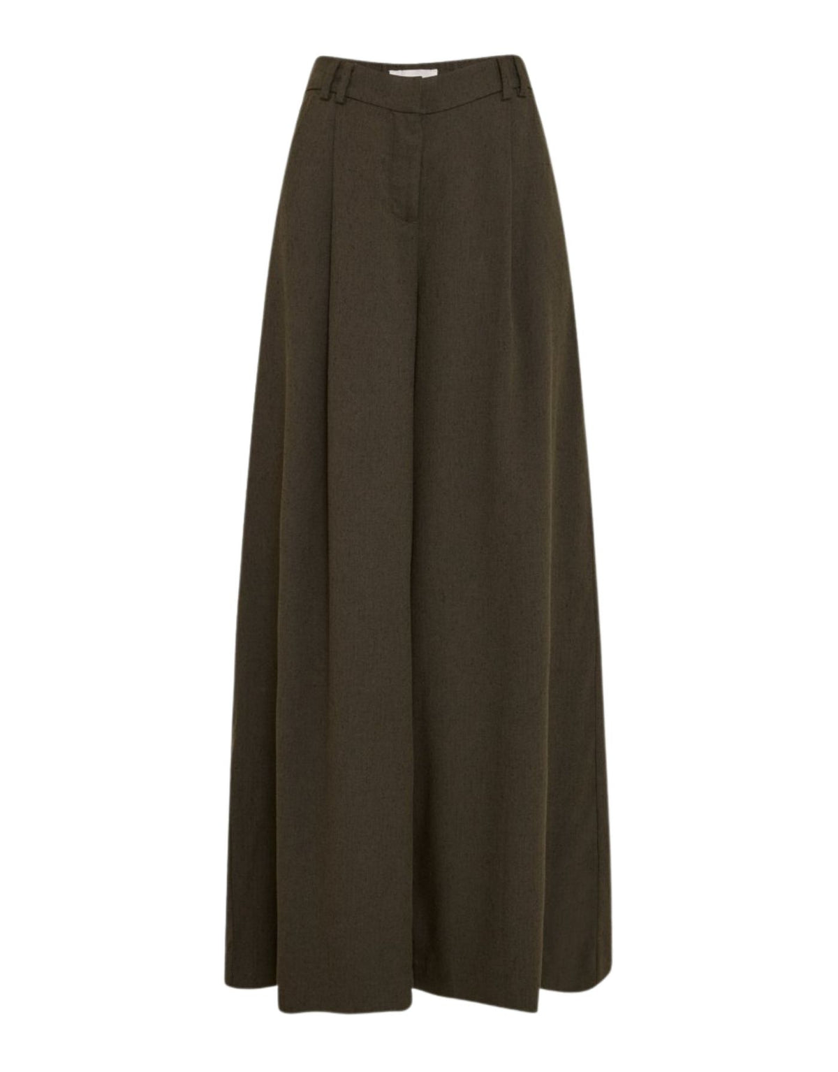Grüne Hose Cabrie HW von MSCH Copenhagen in Forest N Mel mit weitem Bein, mittlerer Bundhöhe und voller Länge.