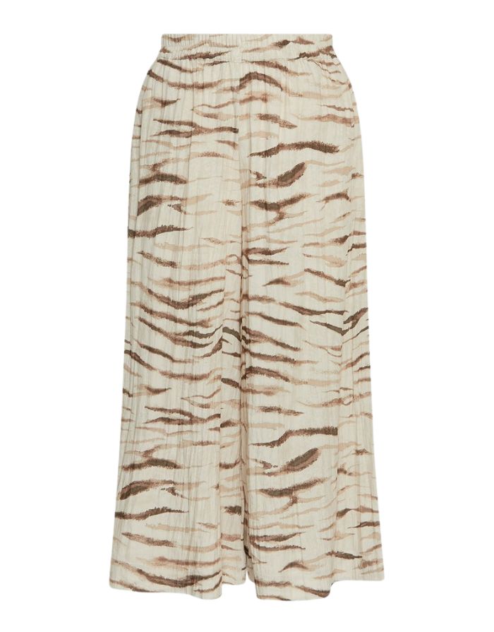 Weit geschnittene Tania Hose von MSCH Copenhagen mit beigem Zebra-Print und elastischem Bund von vorne