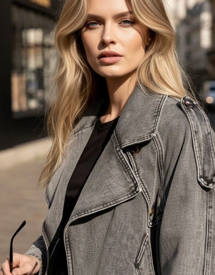  Oversize Jeansjacke in grauer Denim-Waschung mit Perfecto-Schnitt und Gürtelverschluss.