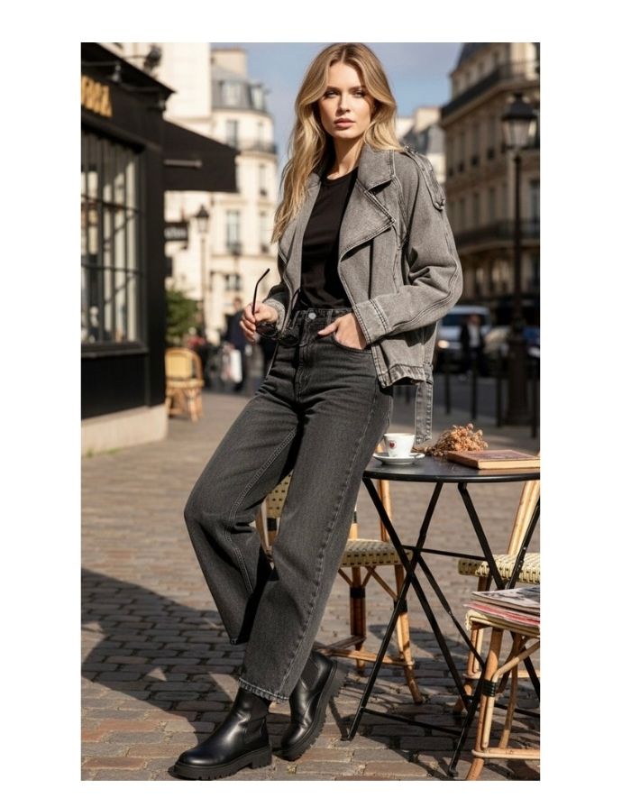  Oversize Jeansjacke in grauer Denim-Waschung mit Perfecto-Schnitt und Gürtelverschluss.
