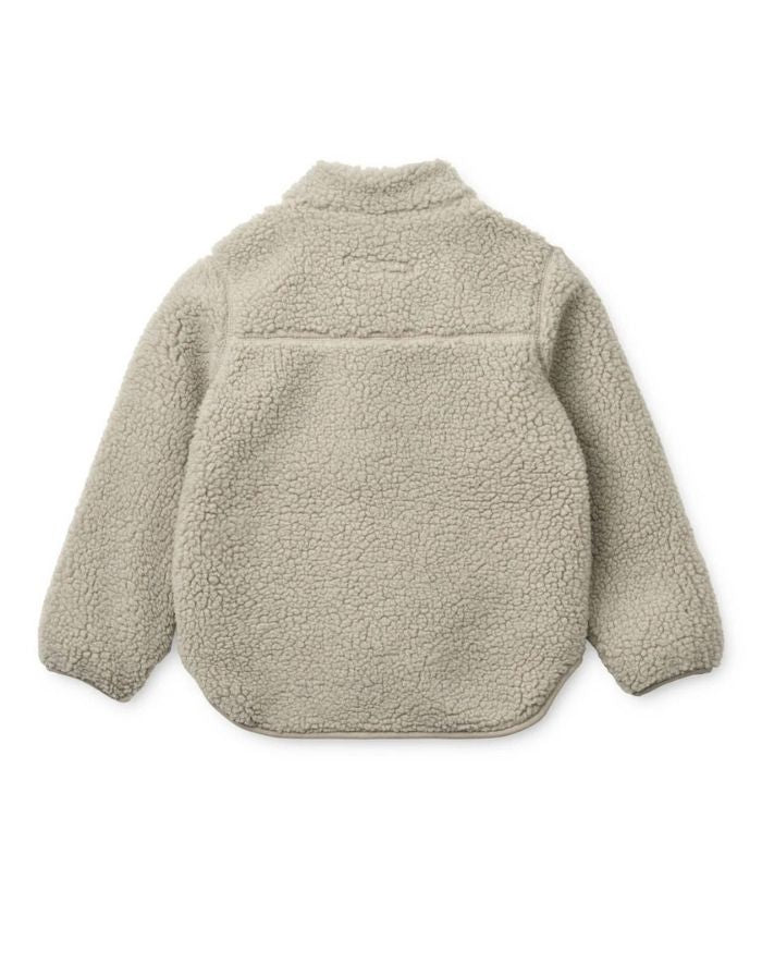 Liewood Nolan Fleecejacke Mist mit Stehkragen, Reißverschluss und Taschen aus recyceltem Polyester.