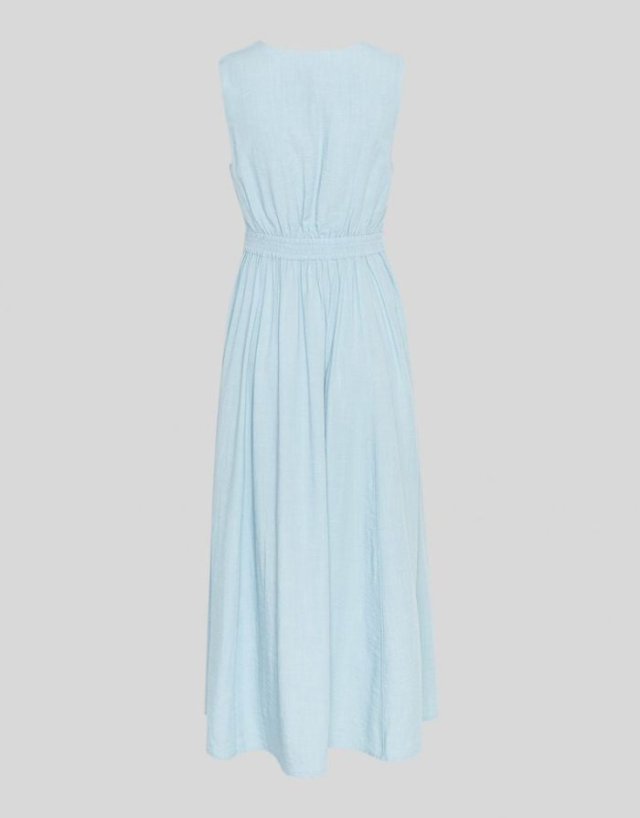  MSCH Copenhagen Kleid Daria SL V Summer Song Melange in Blau mit V-Ausschnitt und Knopfleiste.