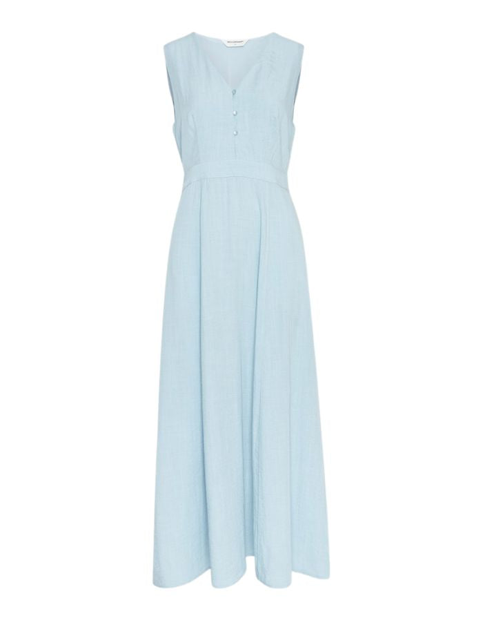  MSCH Copenhagen Kleid Daria SL V Summer Song Melange in Blau mit V-Ausschnitt und Knopfleiste.