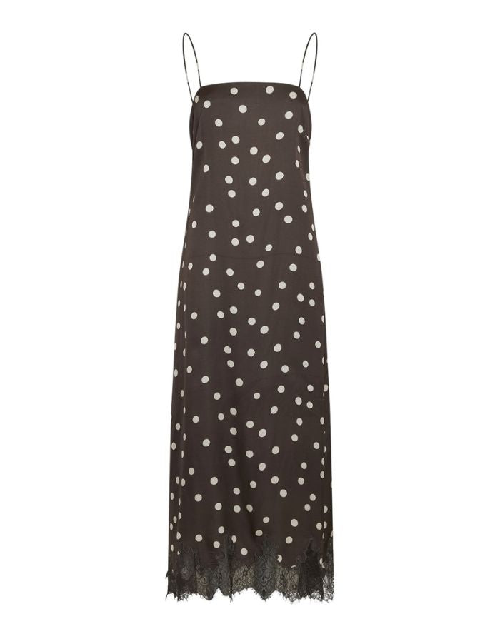 MSCH Copenhagen Kleid Jionna Strap Delicioso Dot mit Punktmuster und Spitze am Saum.