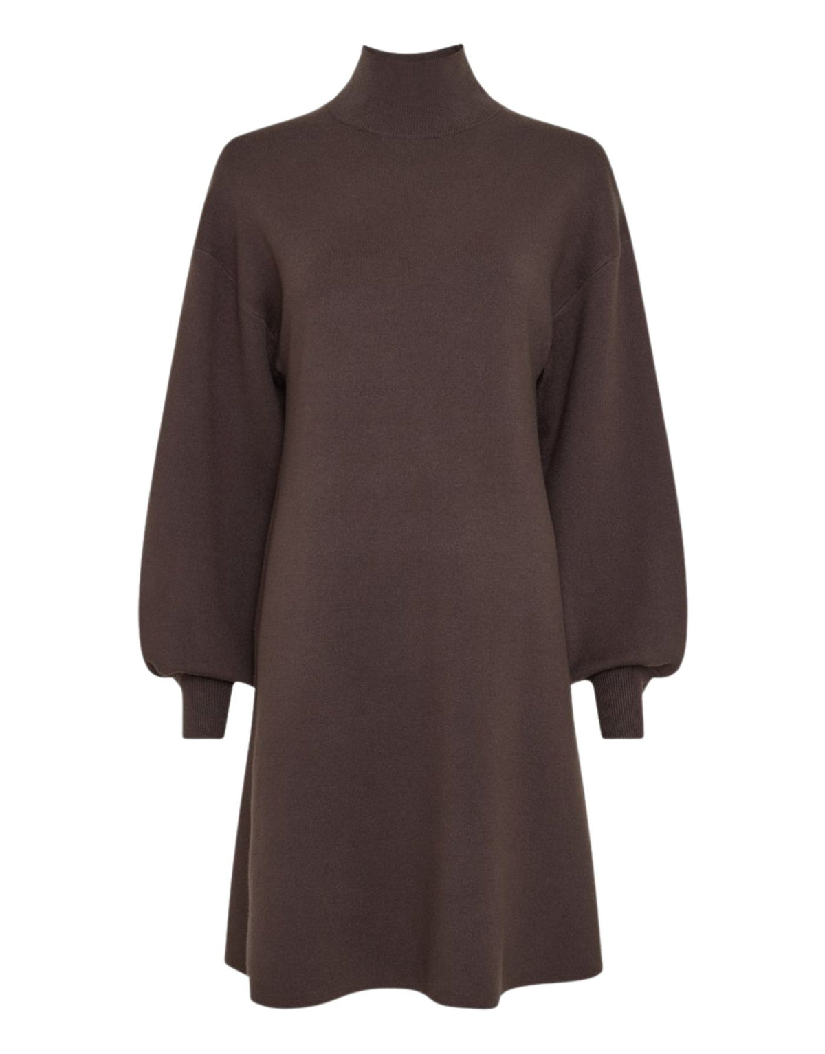Braunes Strickkleid Mercy East M von MSCH Copenhagen in Delicioso mit hohem Kragen, Ballonärmeln und gerader Midi-Passform.
