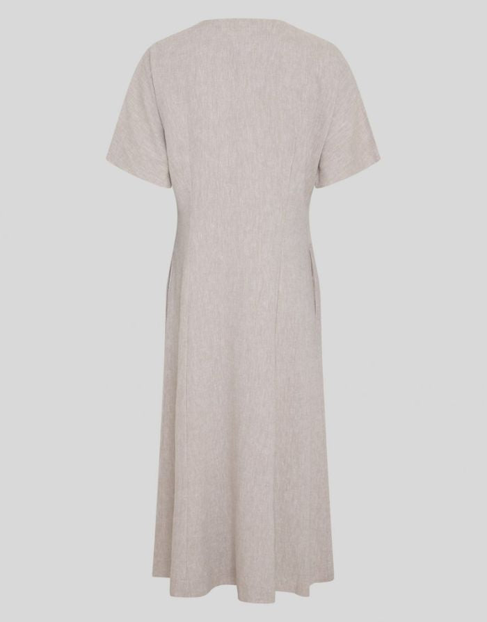  MSCH Copenhagen Kleid Viana Ginia 2/4 Sand Melange in Beige mit V-Ausschnitt und Knopfleiste.