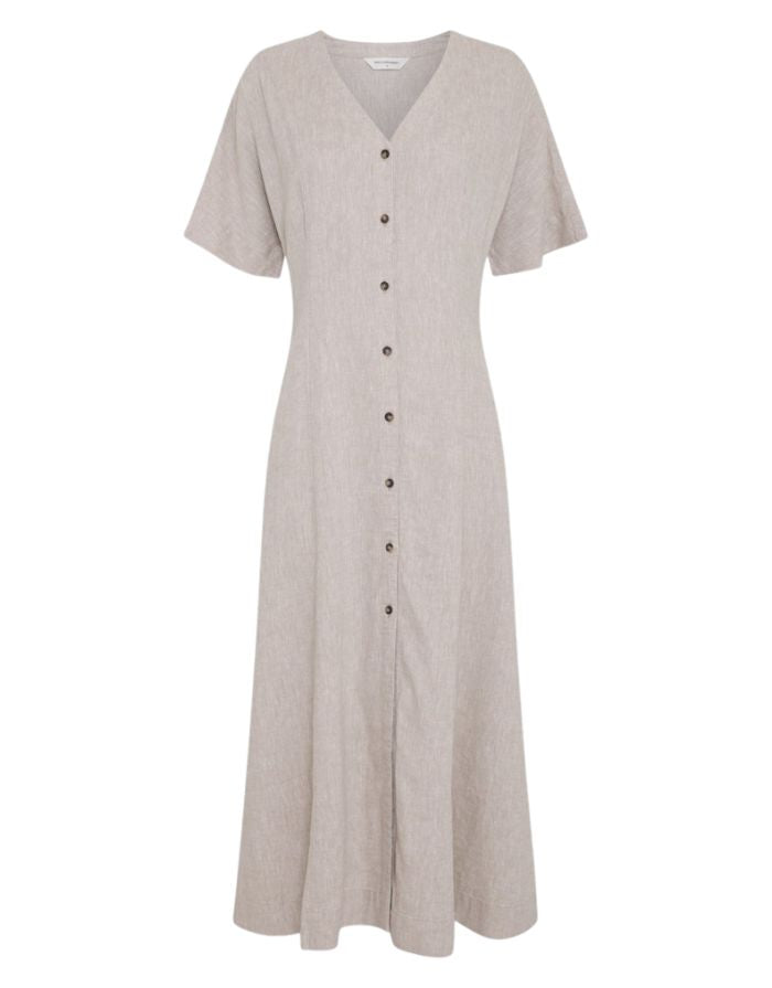  MSCH Copenhagen Kleid Viana Ginia 2/4 Sand Melange in Beige mit V-Ausschnitt und Knopfleiste.