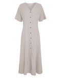  MSCH Copenhagen Kleid Viana Ginia 2/4 Sand Melange in Beige mit V-Ausschnitt und Knopfleiste.