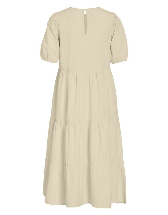 VILA Kleid Viprisilla Super Light Natural Melange im Stufen-Look mit Puffärmeln und Keyhole-Ausschnitt.
