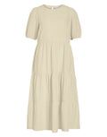 VILA Kleid Viprisilla Super Light Natural Melange im Stufen-Look mit Puffärmeln und Keyhole-Ausschnitt.