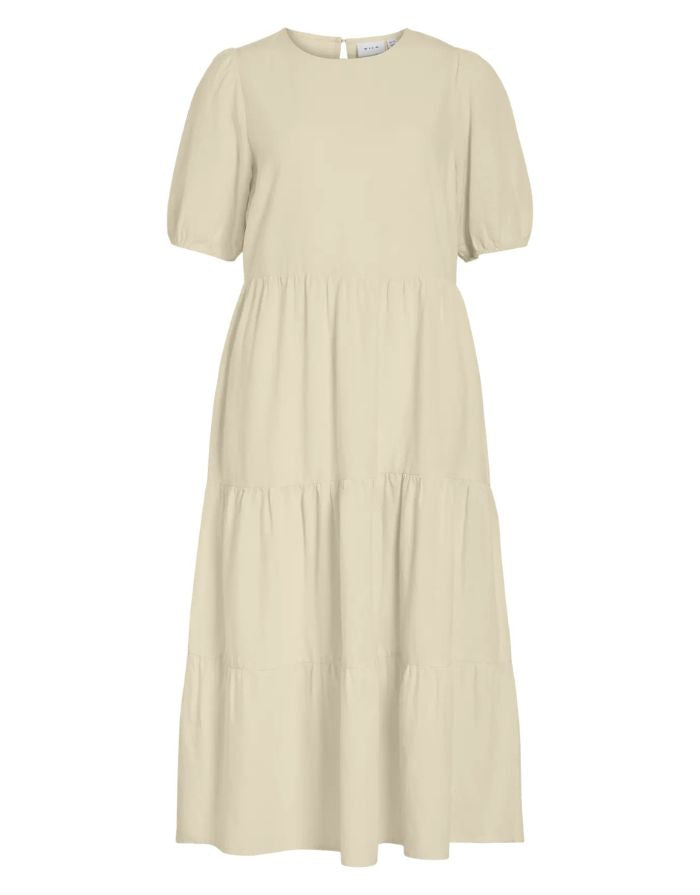 VILA Kleid Viprisilla Super Light Natural Melange im Stufen-Look mit Puffärmeln und Keyhole-Ausschnitt.