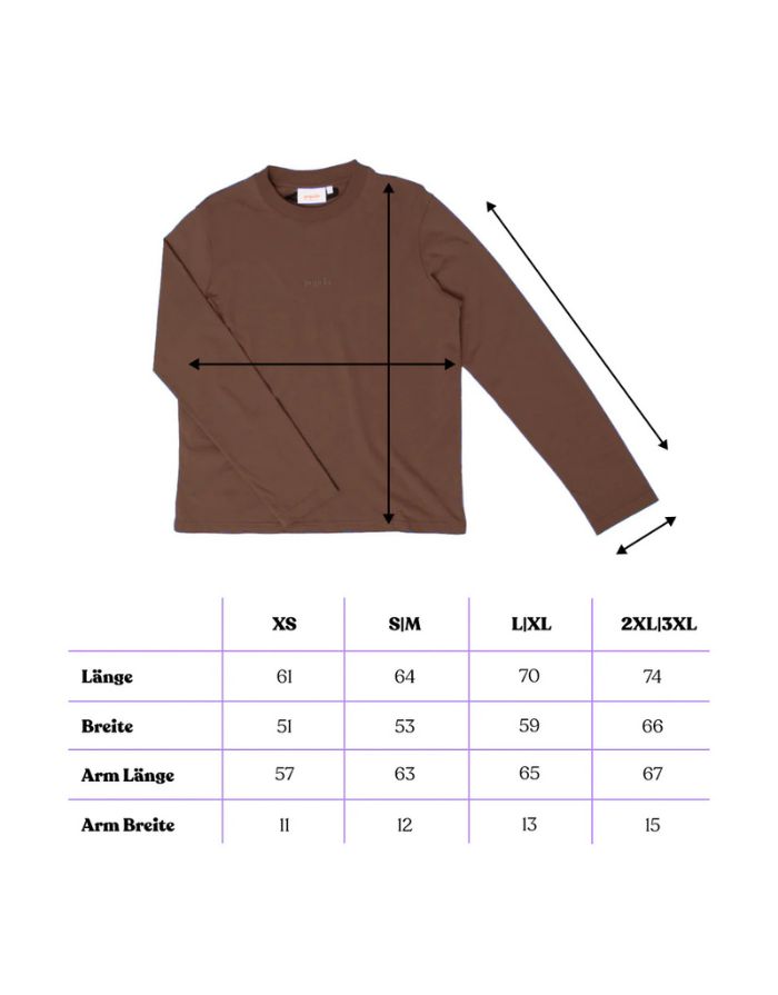 Popeia Langarmshirt in Dunkelbraun – Relaxed Fit, breiter Kragen, Kindness-Spruch im Nacken, Bio-Baumwolle