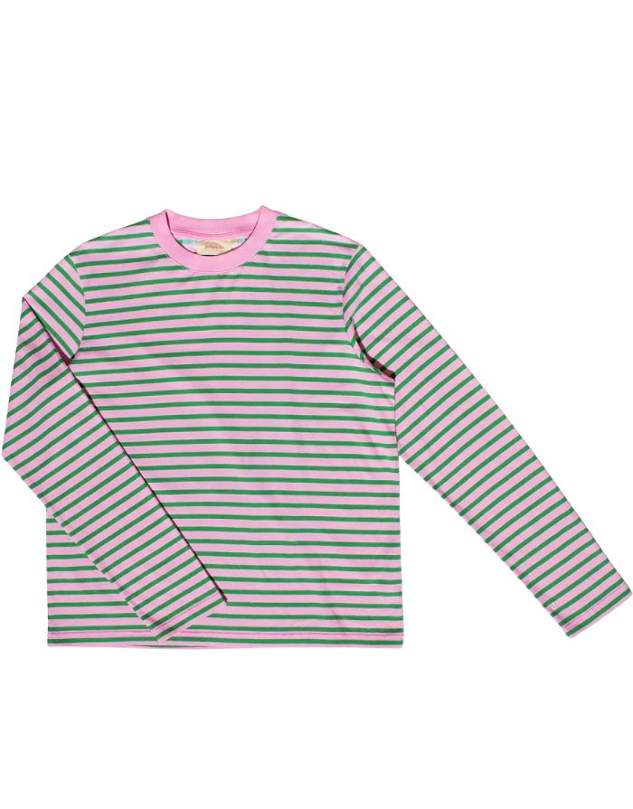 Popeia Langarmshirt aus Bio-Baumwolle in Pink und Grün gestreift mit relaxed Fit und „Kindness“-Detail im Nacken.