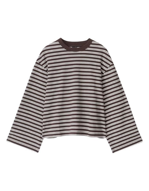 Dunkelbraun-weiß gestreiftes Longsleeve Striped I von Gina Tricot in Chicory Coffee aus Bio-Baumwolle mit lockerer Passform und weiten Ärmeln.