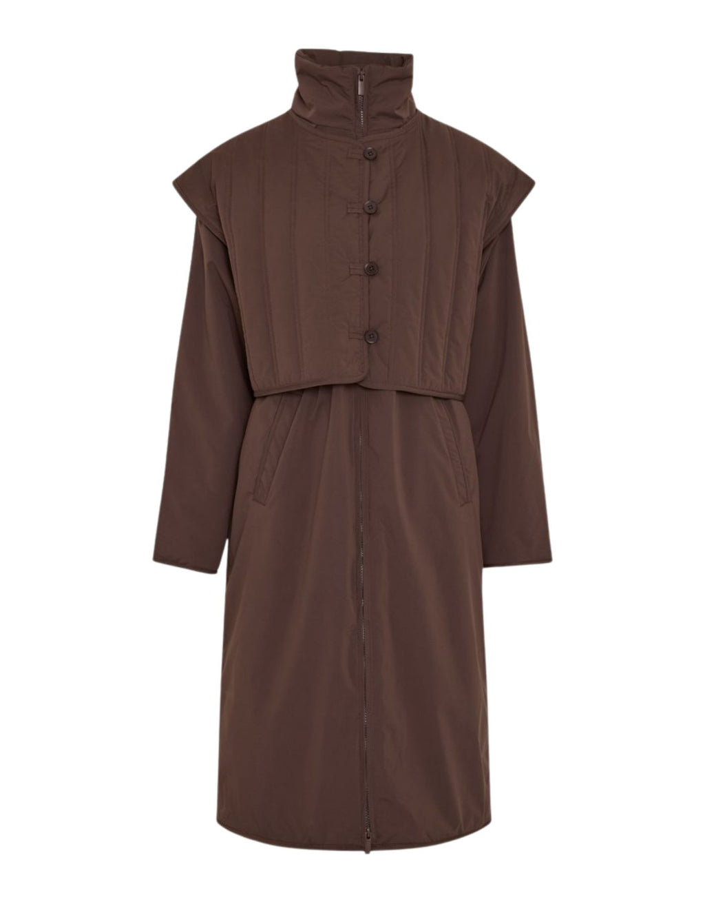 Dunkelbraune Jacke Aussi von MSCH Copenhagen in Hot Fudge mit leichter Wattierung, hohem Stehkragen und abnehmbarer gesteppter Weste.