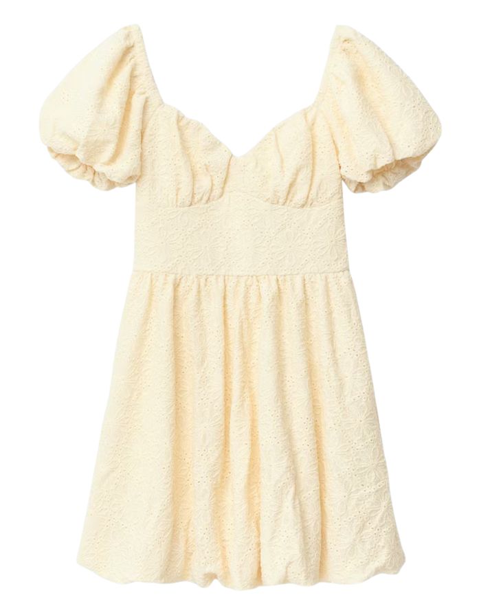 Gina Tricot gelbes Kleid mit Puffärmeln, gestickten Details und definierter Taille.