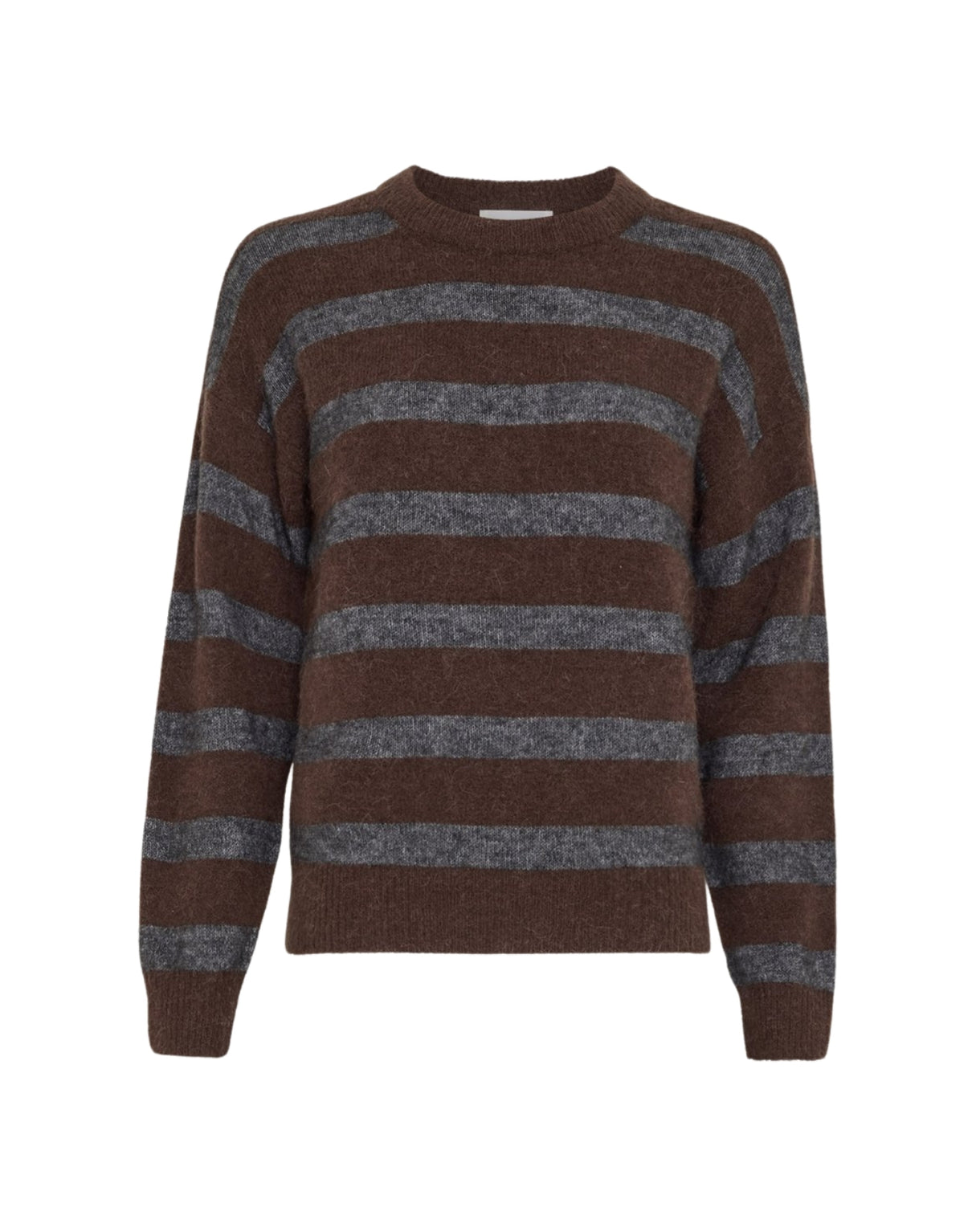 Braun und grau gestreifter MSCHFestina Hope Pullover von MSCH Copenhagen aus weichem Woll- und Alpakamix mit Rundhalsausschnitt und langen Ärmeln.
