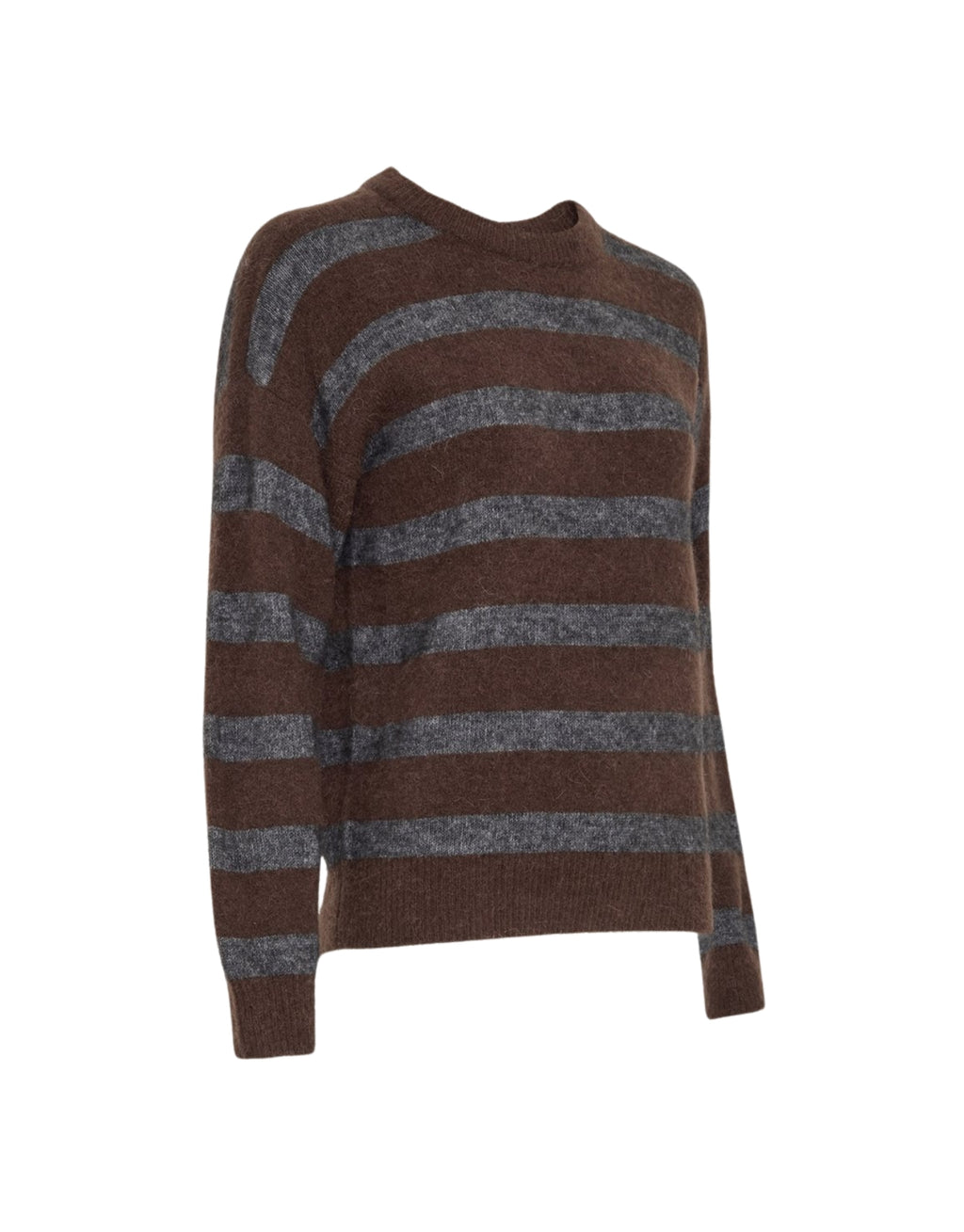 Braun und grau gestreifter MSCHFestina Hope Pullover von MSCH Copenhagen aus weichem Woll- und Alpakamix mit Rundhalsausschnitt und langen Ärmeln.