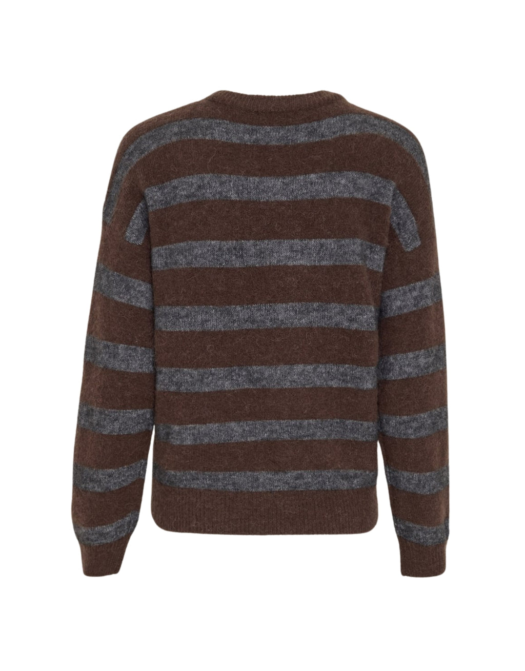 Braun und grau gestreifter MSCHFestina Hope Pullover von MSCH Copenhagen aus weichem Woll- und Alpakamix mit Rundhalsausschnitt und langen Ärmeln.
