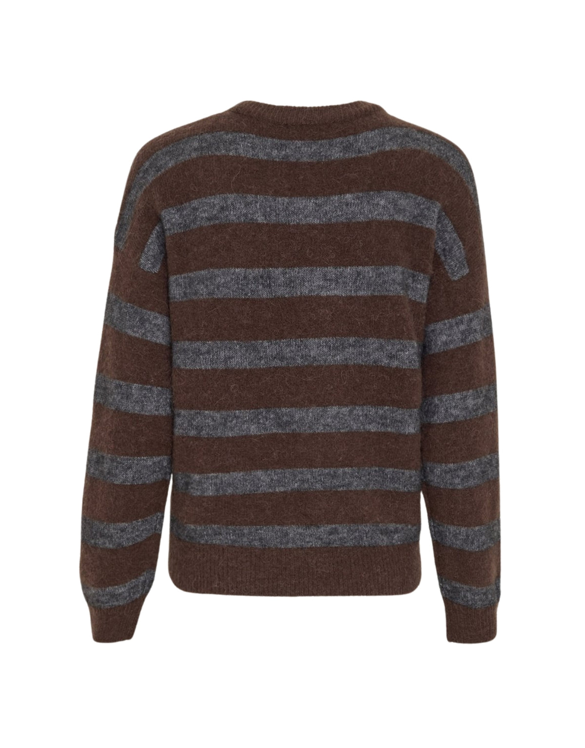 Braun und grau gestreifter MSCHFestina Hope Pullover von MSCH Copenhagen aus weichem Woll- und Alpakamix mit Rundhalsausschnitt und langen Ärmeln.