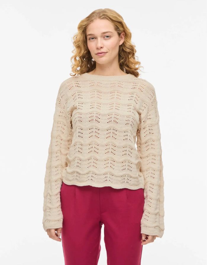VILA Pullover Viwave Birch mit Pointelle-Strick und Rundhalsausschnitt.