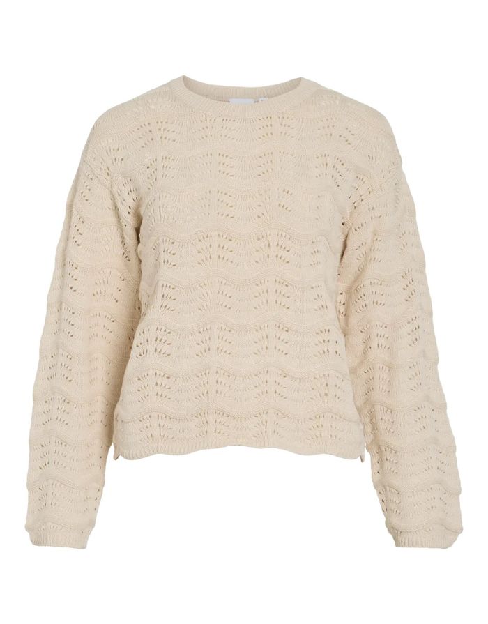VILA Pullover Viwave Birch mit Pointelle-Strick und Rundhalsausschnitt.