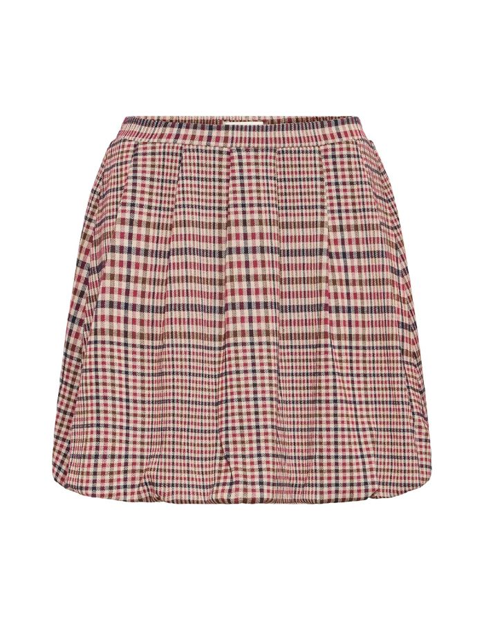 Karierter Minirock Ihkate Check It Rock von ICHI in Big Check Red mit Falten, elastischem Bund und voluminöser Silhouette als Freisteller

