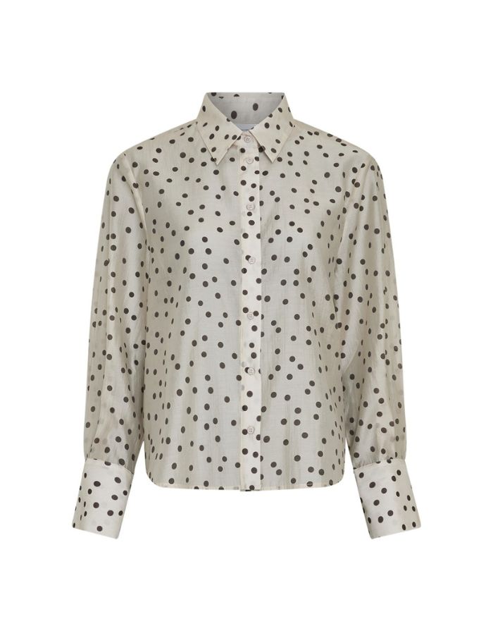 MSCH Copenhagen Dorothea Faustina Bluse Peyote Dot in Creme mit dunkelbraunem Punktmuster und klassischem Kragen