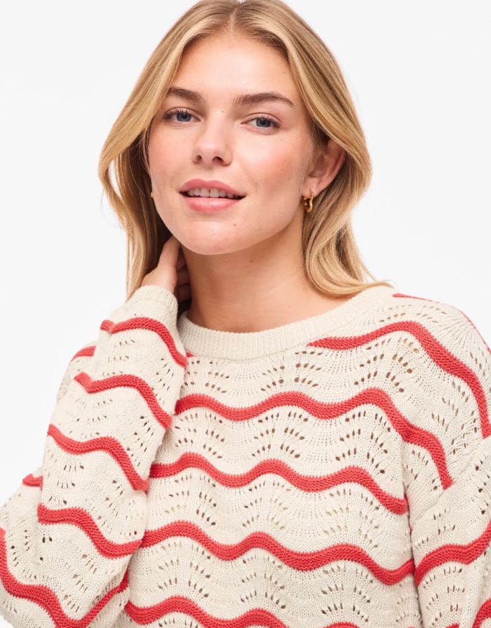 Vila Pointelle Strickshirt Birch Hibiscus mit Rundhalsausschnitt und Lochmuster.