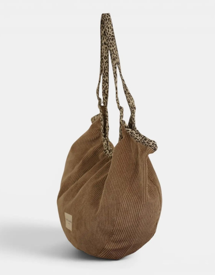 Runder Shopper Toast aus braunem Cordstoff mit Leopardenprint, Reißverschluss und zwei Henkeln