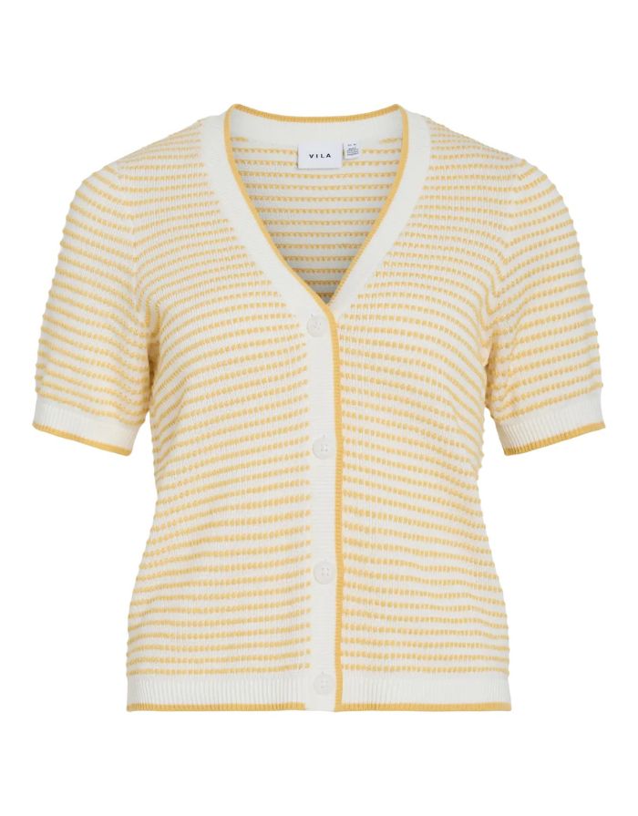 VILA Short Cardigan Vichaya Cloud Dancer Yarrow aus Bio-Baumwolle mit V-Ausschnitt und Knopfleiste.