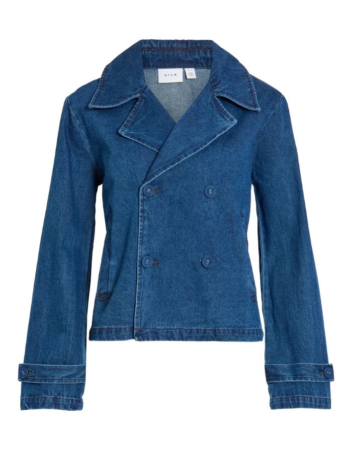 Kurzer Denim Trenchcoat Vinata von VILA in Dark Denim Blue mit Reverskragen und doppelreihiger Knopfleiste.