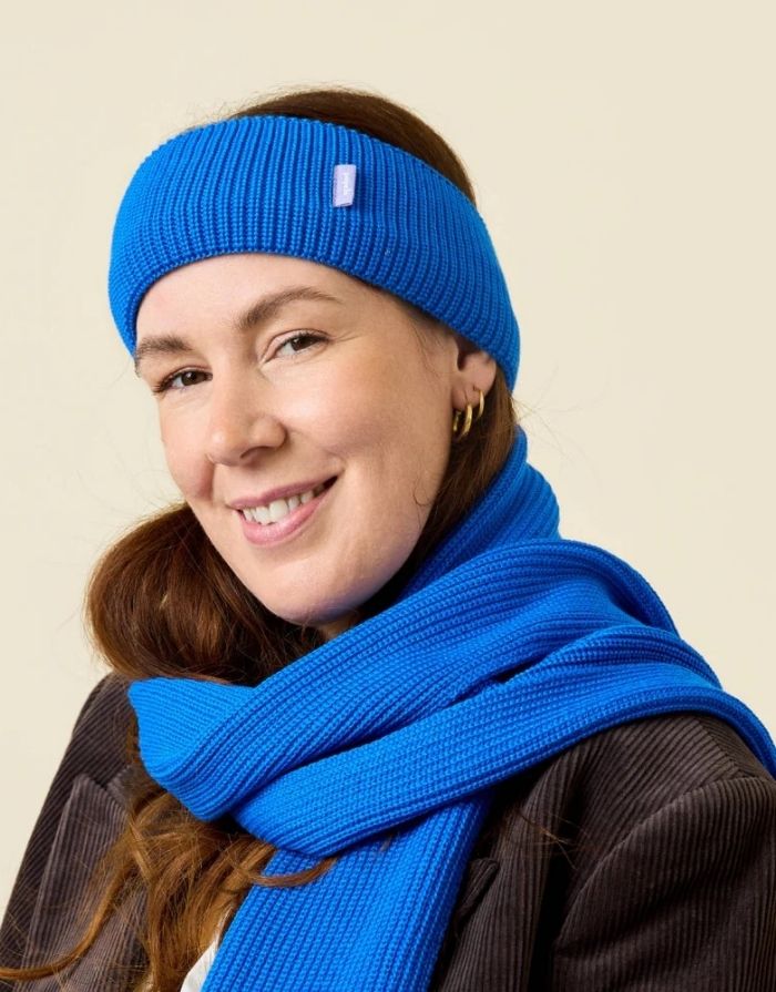 Popeia Stirnband Blau aus 100 % Merinowolle, Made in Germany.
