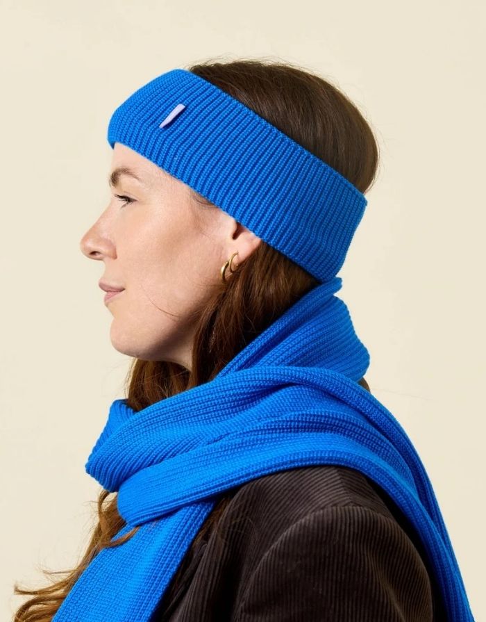 Popeia Stirnband Blau aus 100 % Merinowolle, Made in Germany.
