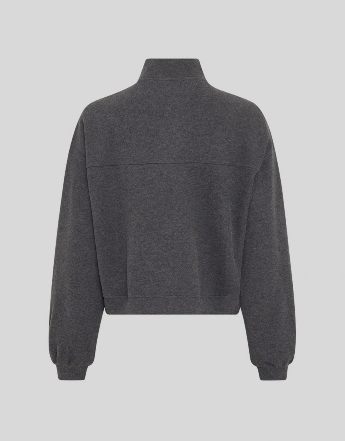 Graues MSCHMarletta Zip Sweatshirt von MSCH Copenhagen mit hohem Stehkragen, Zwei-Wege-Reißverschluss, Fronttaschen und dezenter Logostickerei von hinten