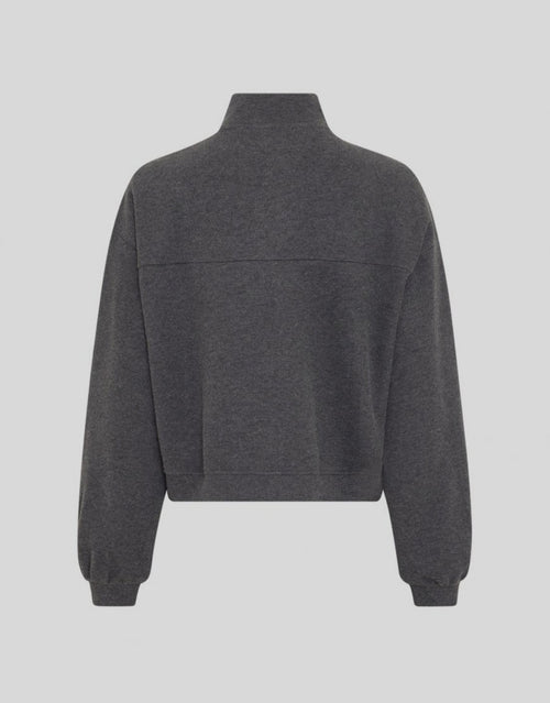 Graues MSCHMarletta Zip Sweatshirt von MSCH Copenhagen mit hohem Stehkragen, Zwei-Wege-Reißverschluss, Fronttaschen und dezenter Logostickerei von hinten
