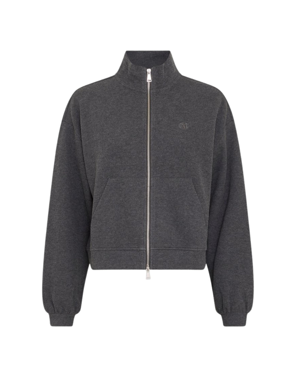 Graues MSCHMarletta Zip Sweatshirt von MSCH Copenhagen mit hohem Stehkragen, Zwei-Wege-Reißverschluss, Fronttaschen und dezenter Logostickerei von vorne