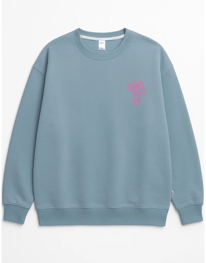 Liliput Sweatshirt Hellblau – Rückseite mit blühender Coffee Cup und Schriftzug