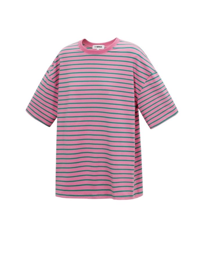 Gestreiftes Blocked Striped Tee T-Shirt in Rosa/Grün aus Baumwolle mit bequemer Passform für den Alltag von der Seite