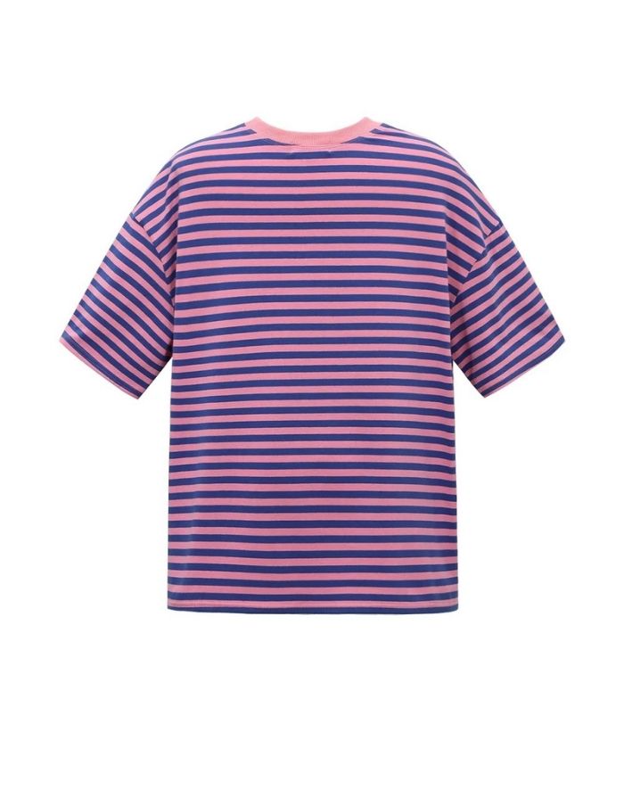 Pink und Blau gestreiftes Blocked Striped Tee T-Shirt aus Baumwolle mit bequemer Passform für den Alltag als Freisteller von hinten