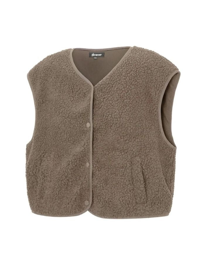 Nordlykk Teddyweste für Damen in Coffee Brown, ärmellose Weste aus Polyester mit Fronttaschen und minimalistischer Passform