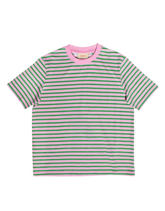 Popeia T-Shirt aus Bio-Baumwolle in Pink und Grün gestreift mit relaxed Fit und „Kindness“-Detail im Nacken.