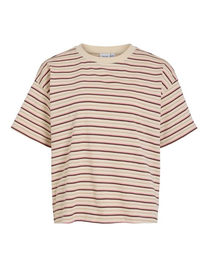 Gestreiftes Vimonie Stripe T-Shirt von VILA in Birch, Mauve und Coffee Bean mit Rundhalsausschnitt und kurzen Ärmeln aus Baumwolle und Bio-Baumwolle als Freisteller von vorne

